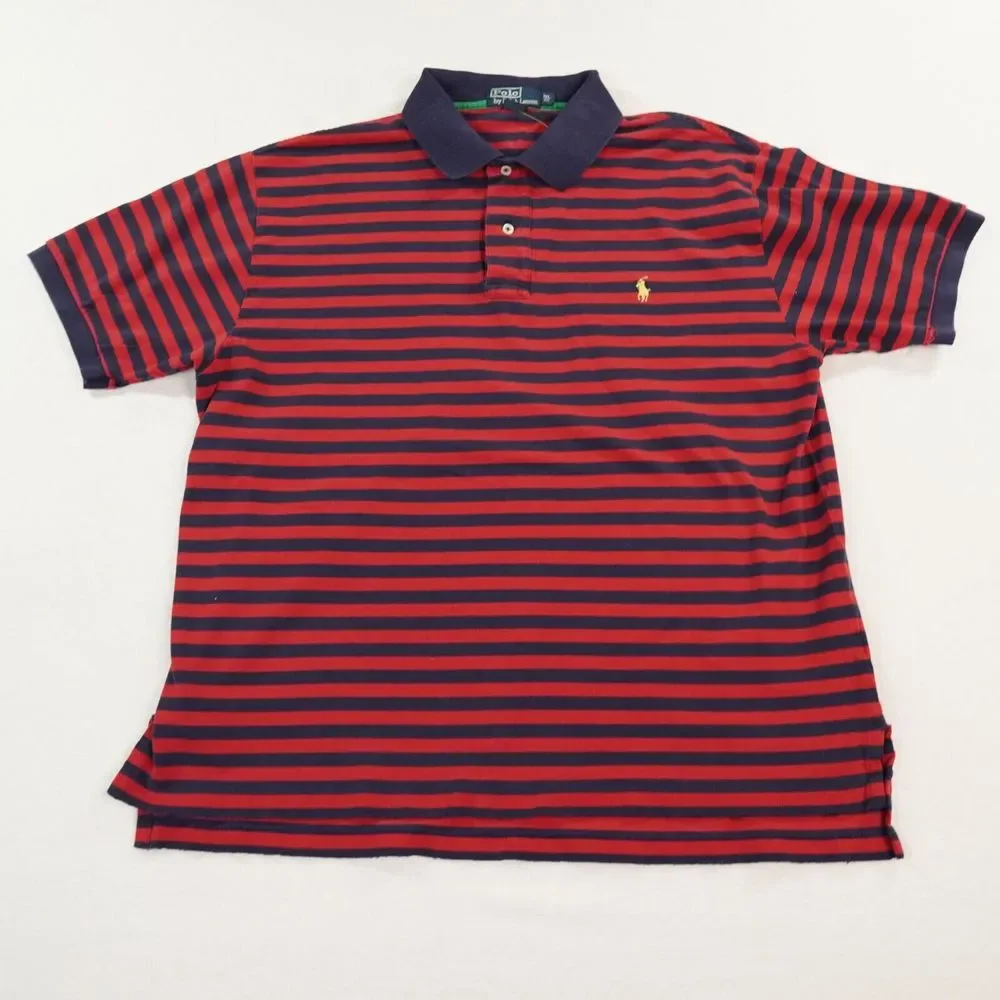 Vintage Polo Ralph Lauren Shirt Mens 1XL BIG Red Navy Blue Striped Polo READ